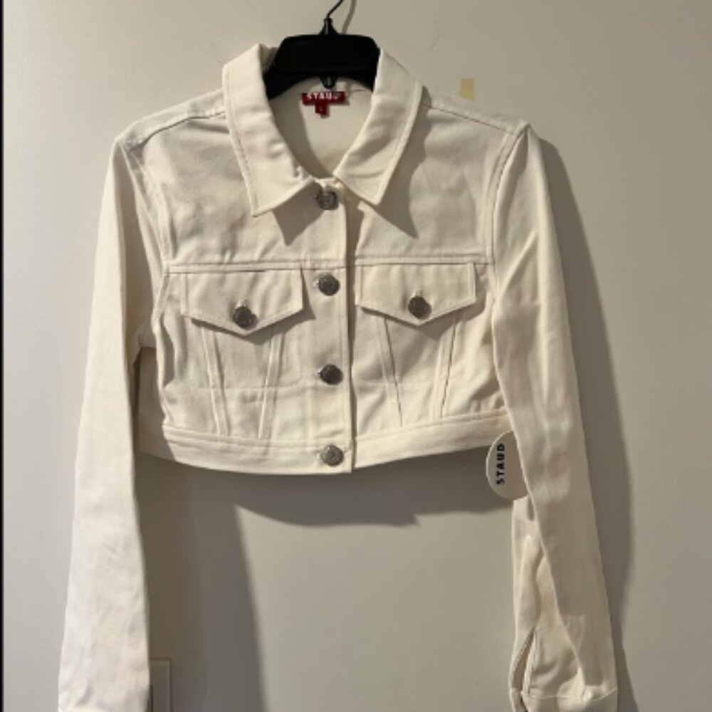 STAUD White Cropped Jean Jacket with Pointed Collar and Structured Stitching